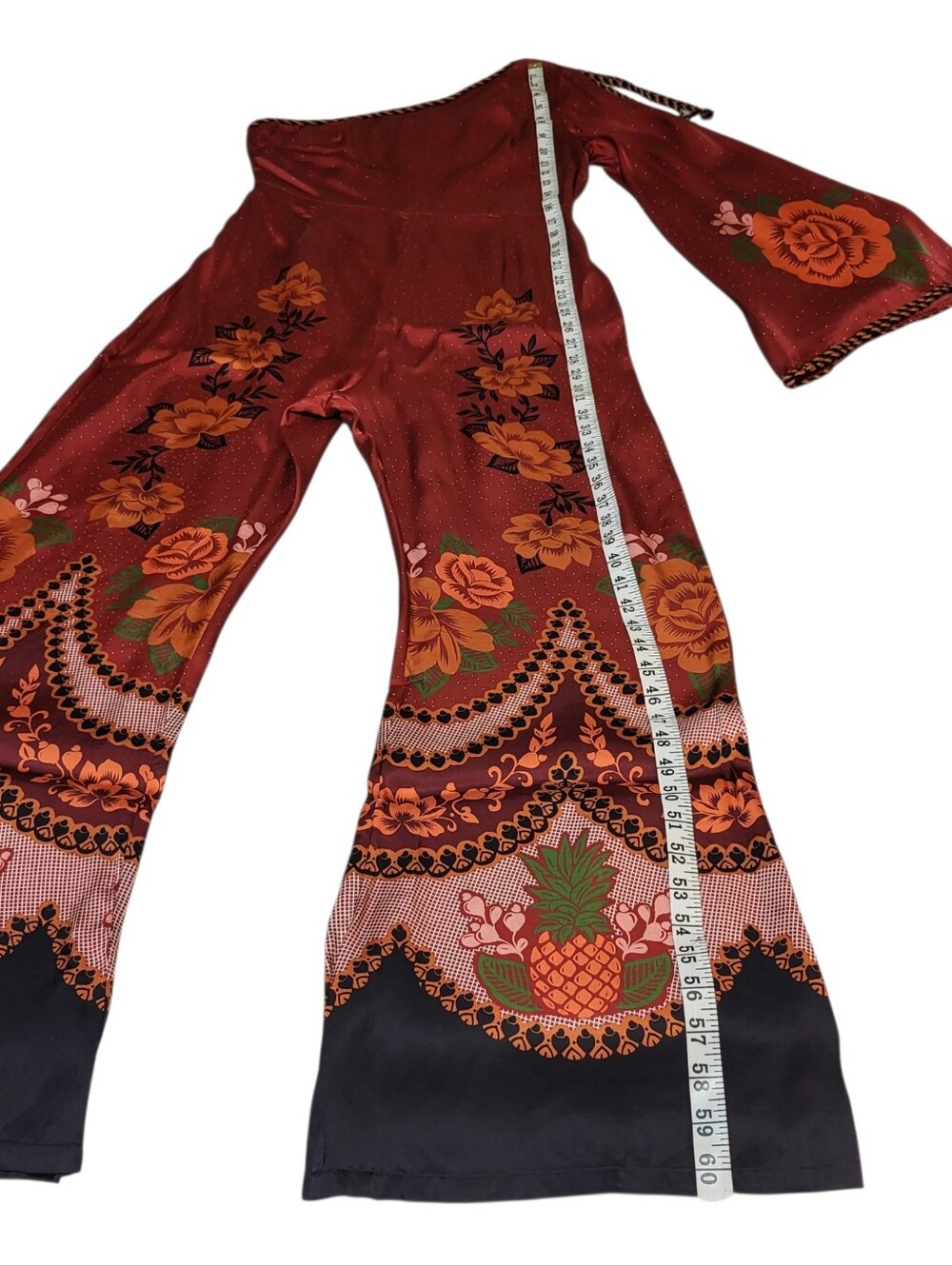 Farm Rio Anthropologie One Shoulder Jumpsuit Sz M Red Floral Satin Boho Festival - Picture 9 of 16